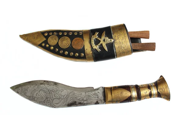 Antique Knife Από Νεπάλ Λευκό Φόντο Γράφοντας Κέρματα Είναι Νόμισμα — Φωτογραφία Αρχείου