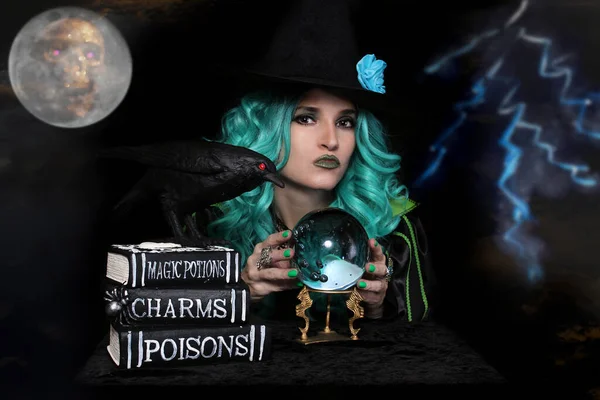 Witch With Crystal Ball and Spell Books