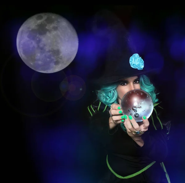 Witch Crystal Ball Full Moon — Stock Photo, Image