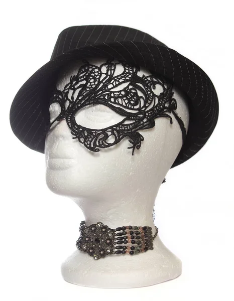 Fedora Lace Mask Mannequin Head Antique Choker Necklace — Stock Photo, Image