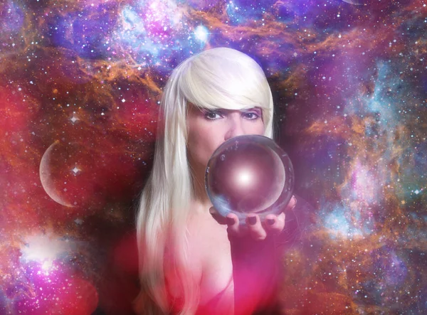 Psychic Blond Hair Crystal Ball Space Galaxy Background — стокове фото