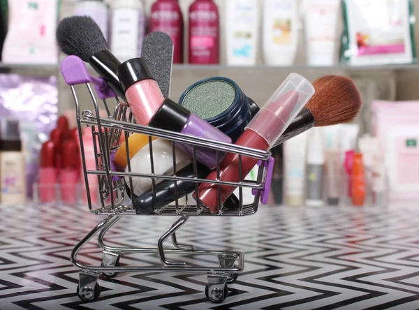 Various Beauty Products Shopping Basket Blurred Cosmetics Background — Stock Photo, Image