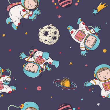 Astronot sevimli karikatür ile dış uzay desen vektörü