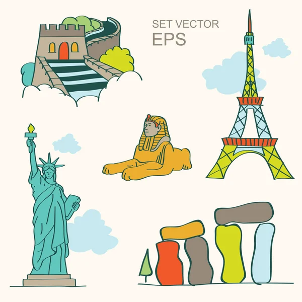 Viaje de la marca de tierra y vector conjunto de vacaciones, dibujo a mano — Vector de stock