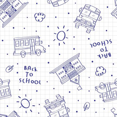 Okul otobüsü karikatürü ve okul binası olan okul modeli vektörüne, çocukların el çizimine