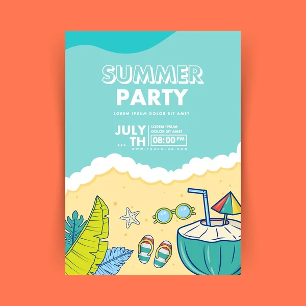 Summer Party Poster Design Template Coconut Flip Flop Sunglasses Vector — Stock Vector