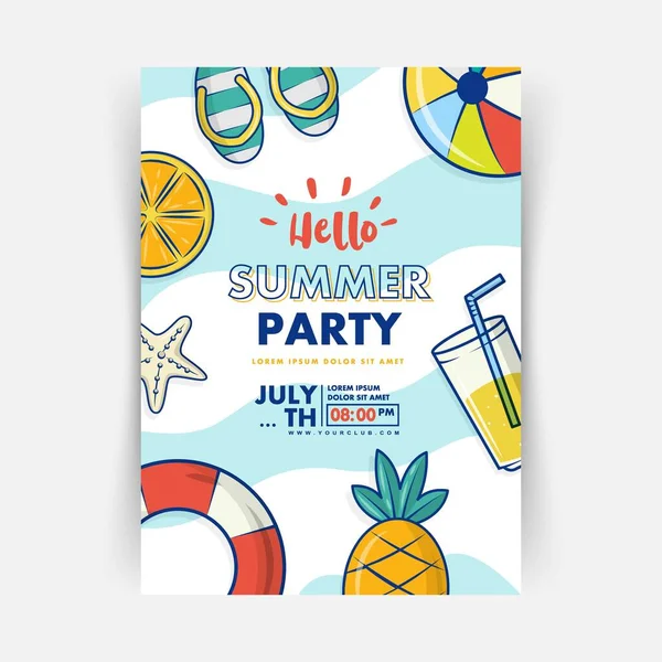 夏季派对海报设计模板与球 橡胶泳圈和菠萝病媒 — 图库矢量图片