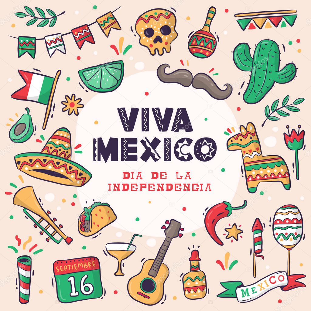 Viva Mexico, Dia de la Independencia or Independence Day great collection hand drawn