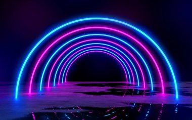 Mavi ve Mor Neon Tüplü Işıklar Boş karanlık odada 3D Çizim Bachground