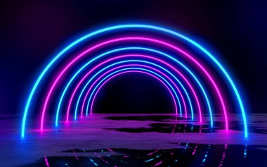 Mavi ve Mor Neon Tüplü Işıklar Boş karanlık odada 3D Çizim Bachground