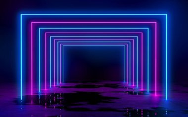 Mavi ve Mor Neon Tüplü Işıklar Boş karanlık odada 3D Çizim Bachground