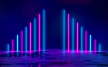 Mavi ve Mor Neon Tüplü Işıklar Boş karanlık odada 3D Görüntü Arkaplanı