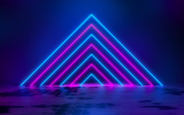 Mavi ve Mor Neon Tüplü Işıklar Boş karanlık odada 3D Görüntü Arkaplanı