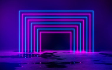 Mavi ve Mor Neon Tüplü Işıklar Boş karanlık odada 3D Görüntü Arkaplanı