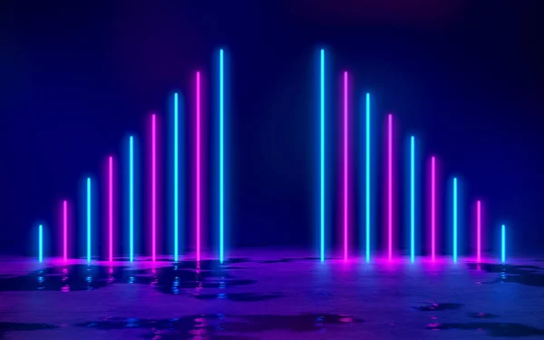 Mavi ve Mor Neon Tüplü Işıklar Boş karanlık odada 3D Görüntü Arkaplanı