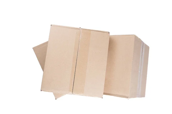 Plano Cerca Aislado Tres Cajas Cartón Marrón Blanco Rectangular Apiladas —  Fotos de Stock