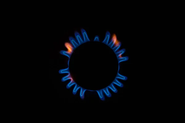 isolated close up shot of a blue and orange circular fire with small flames on the perimeter coming from a kitchen gas stove and forming a silhouette of an angel or a turtle on a black background