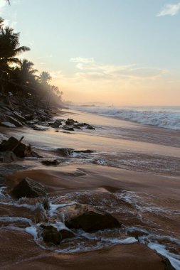 Pitiwella plajının (Sri Lanka) portakal kumu, yeşil palmiye ağaçları, kahverengi kayalar, büyük beyaz dalgalı Hint okyanusu ve ufukta güneş görünen güneş ile gündoğumunda çekilmiş güzel dikey bir karton resmi.