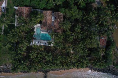 Hava aracının deniz kıyısı görüntüsü turkuaz mavi su, yüzme havuzlu güzel bir bahçesi, yeşil palmiye ağaçları ve tropikal bitki örtüsü olan bir villa. Polhena, Sri Lanka