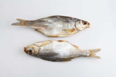 Beyaz arka planda iki Rus kurutulmuş voblasının (Hazar böceği) yakın çekim görüntüsü.