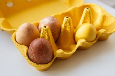 Sarı bir kutunun köşesinde tavuğa benzeyen dört farklı renkli ejderha veya dinozor doğal ürünlerle boyanmış Paskalya yumurtaları (kırmızı şarap, çay, havuç, zerdeçal).)