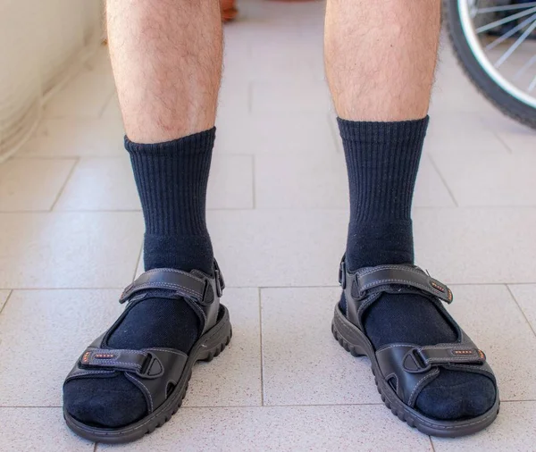 Close Shot Man Wearing Black Socks Sandals — Stock Photo, Image