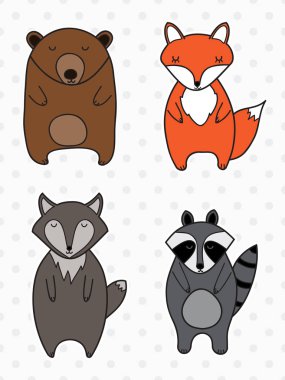 Şirin rengi dekoratif ayı, tilki, kurt ve rakun kümesi. Vektör doodle çizim