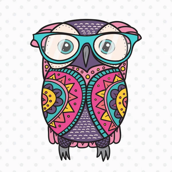 Color Cute Decorative Ornamental Owl Glasses Vector Doodle Illustration — Stock Vector