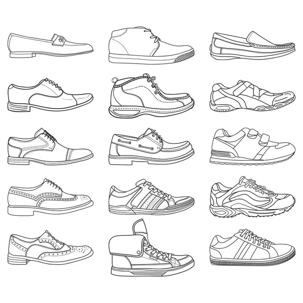 Conjunto Con Diferentes Tipos Zapatos Contorno Los Hombres Vector Colección — Archivo Imágenes Vectoriales