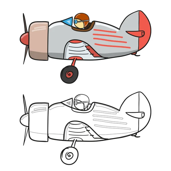 Airplane Pilot Vintage Cartoon Plane Vector Doodle Illustration Colorbook — Stock Vector