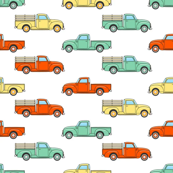 Vintage Pickup Φορτηγών Μοτίβο Ρετρό Pickup Φορτηγών Εικονογράφηση Διάνυσμα Doodle — Διανυσματικό Αρχείο