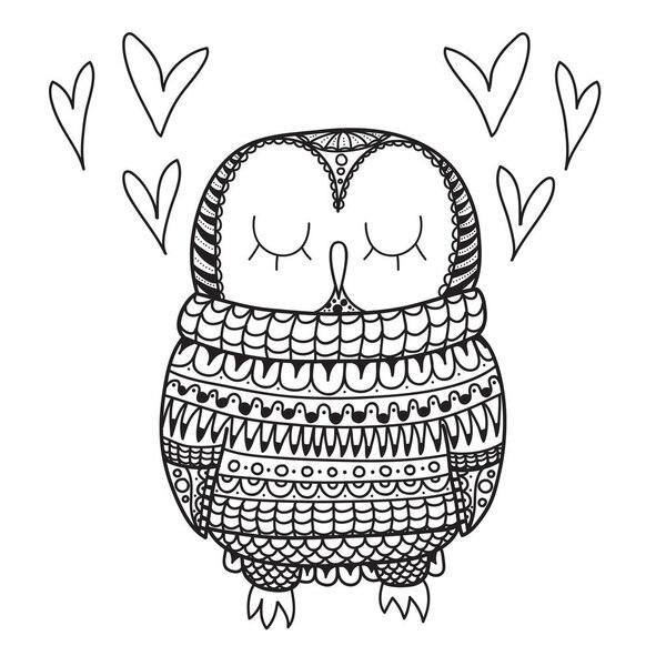 Cute decorative ornamental Owl in pullover fall in love. vector doodle illustration