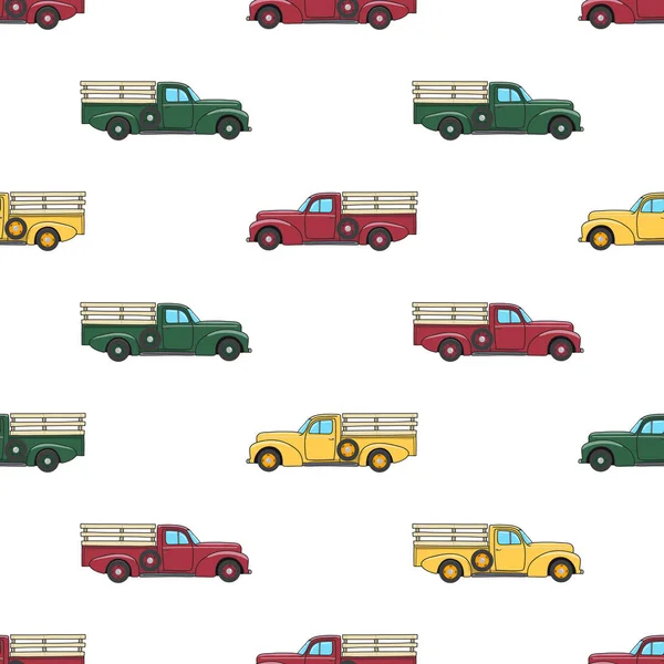 Camião Recolha Vintage Padrão Com Camioneta Retro Ilustração Doodle Vetorial — Vetor de Stock