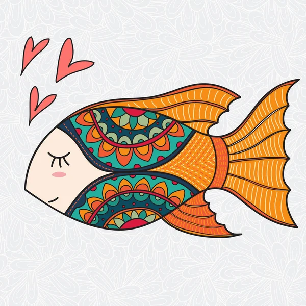 Cute Decorative Orange Ornamental Fish Falls Love Vector Doodle Illustration — Stock Vector