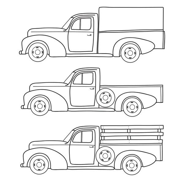 Set Von Retro Pickup Truck Vektor Doodle Illustration — Stockvektor