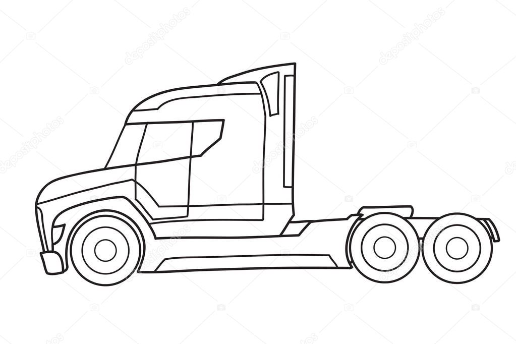 Old semi truck with sleeper towing engine transport. american tractor, side view. Vector doodle illustration.