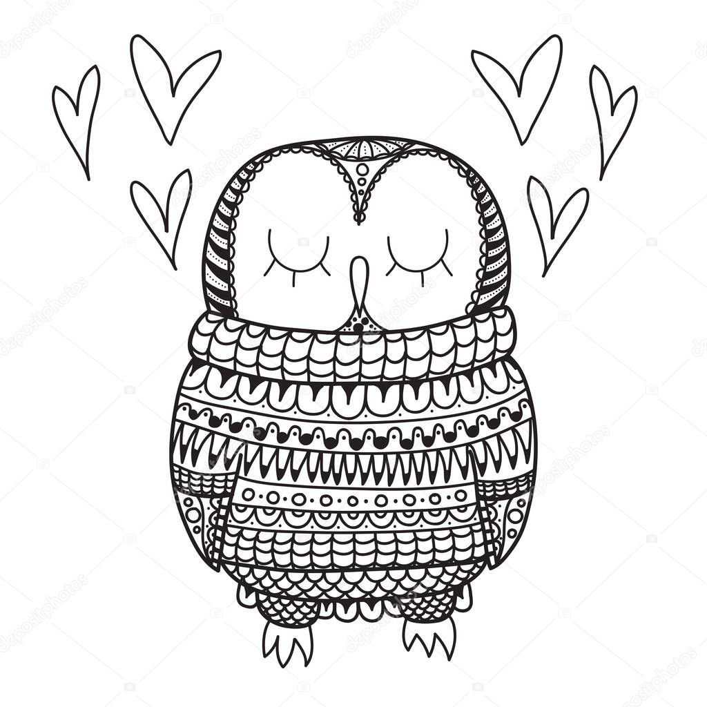 Cute decorative ornamental Owl in pullover fall in love. vector doodle illustration