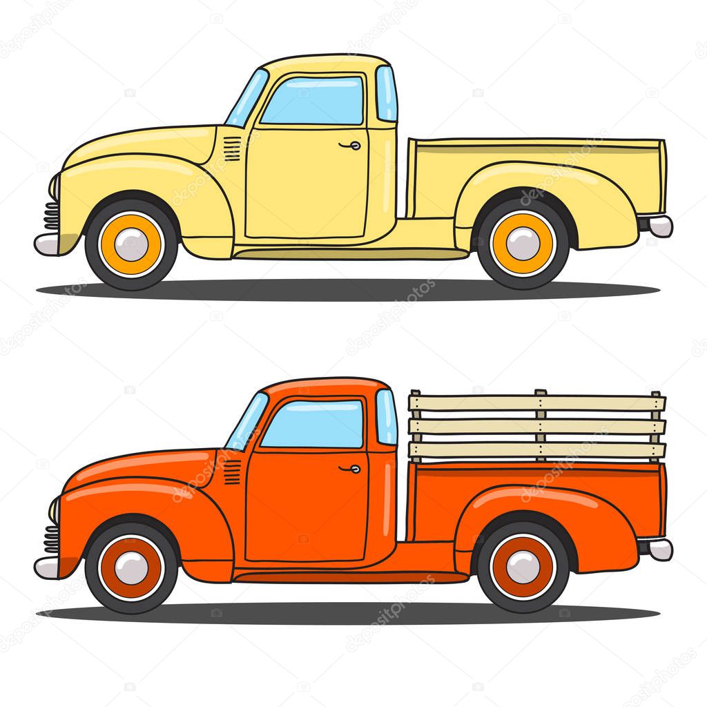 Set of color retro pickup truck. Vector doodle illustration