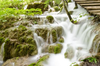 Adımları ve yeşil arkaplanı olan pürüzsüz şelale, Plitvice Gölleri, Hırvatistan
