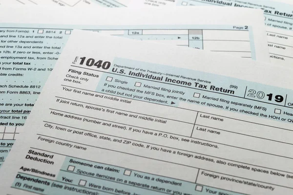 Tax form business financial concept: close up view of individual income tax return form 2019