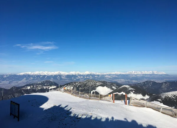 Slovakya 'nın Low Tatras kentindeki Chopok tepesinden karlı yüksek Tatras dağlarının manzarası. Güzel dağ manzarası.