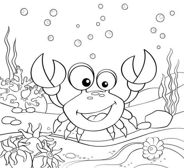 Cartoon Crab Underwater World Black White Vector Illustration Coloring Book — Stock Vector