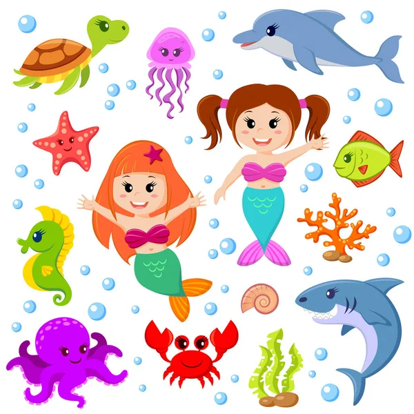 可爱的卡通海洋动物和美人鱼 — 图库矢量图片