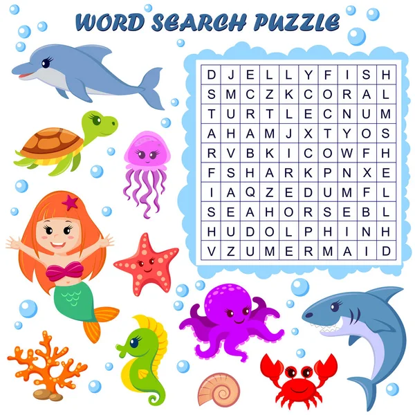 Word Search Puzzle Vector Education Game Children Sea Animals — Stock Vector