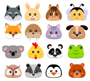 Sevimli çizgi hayvanlar kafa. Kurt, tavşan, at, arı, fox, Mors, kedi, köpek, koala, tavuk, panda, kurbağa, baykuş, sincap, Penguen, ayı