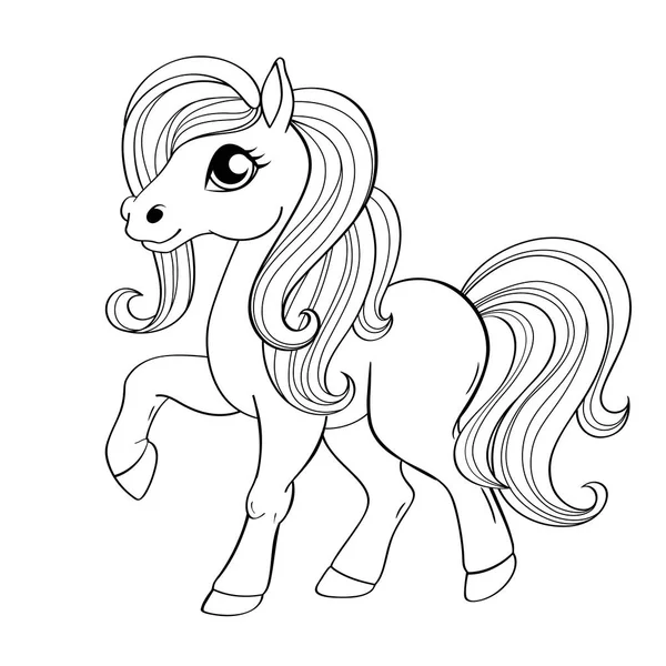 Roztomilý Malý Pony Vektorové Ilustrace Pro Obarvení Kniha Černá Bílá — Stockový vektor