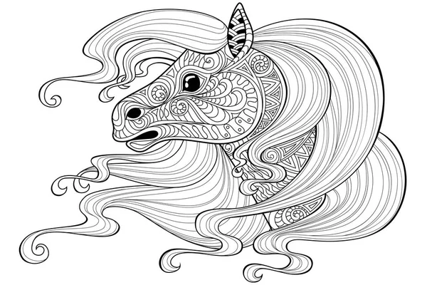 长头发的马 纹身或成人抗应力着色页 黑白手画涂鸦为着色书 — 图库矢量图片
