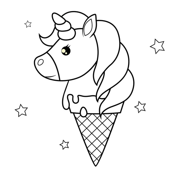 Söta Tecknade Unicorn Ice Cream Svart Och Vit Vektorillustration För — Stock vektor