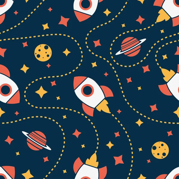 Seamless pattern with rocket, saturn, moon and star. Space background