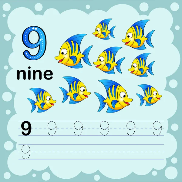 stock vector Educational illustration to learn how to count and write a number nine.  Worksheet for kindergarten and preschool. Fish